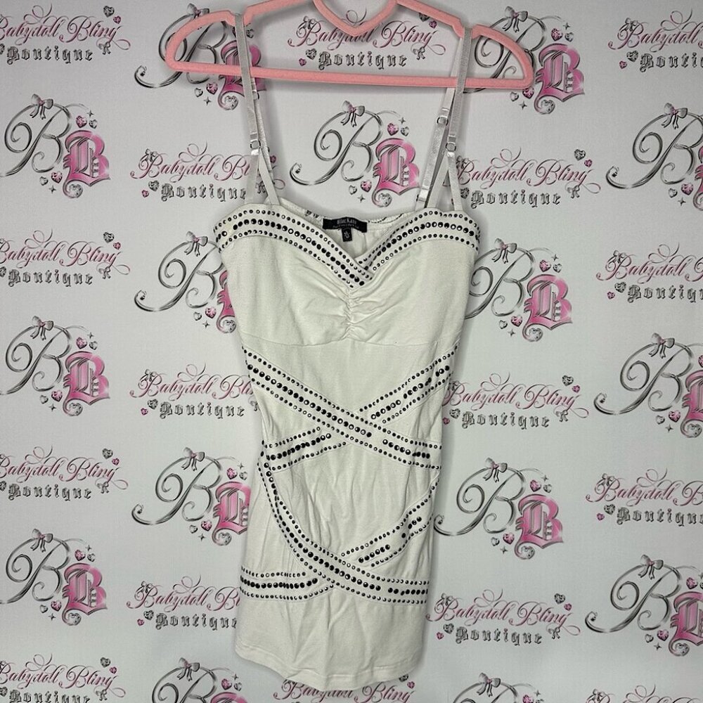 BLACKARV tank top White tank studded Accents shiny tattoo writing on back